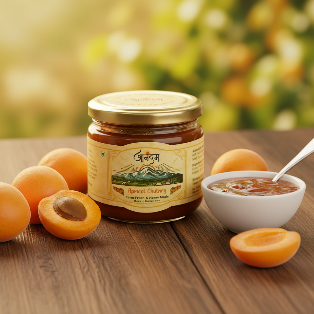 Aanandam Apricot Chutney jar with fresh apricots and bokeh orchard background