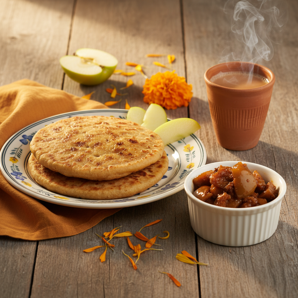 Aanandam Apple Pickle paired with stuffed paratha and masala chai