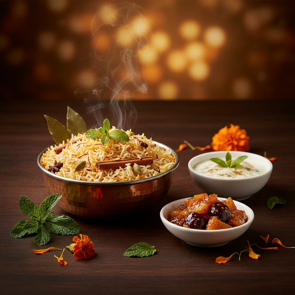 Aanandam Mix Fruit Pickle paired with biryani and raita