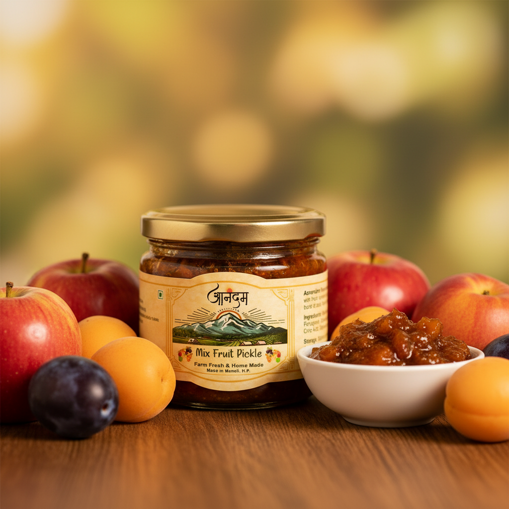Aanandam Mix Fruit Pickle jar with fresh mixed fruits and bokeh background
