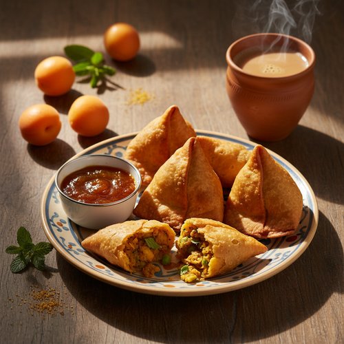 Aanandam Apricot Chutney paired with crispy samosas and masala chai