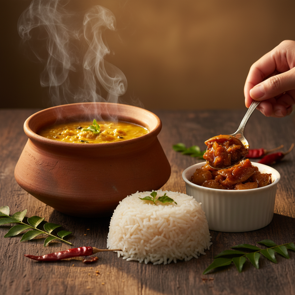 Aanandam Apple Pickle paired with dal chawal