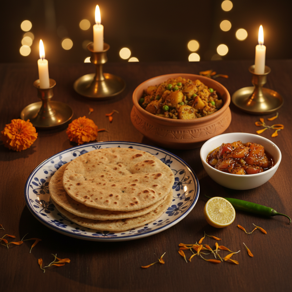 Aanandam Mix Fruit Pickle paired with roti and aloo sabzi