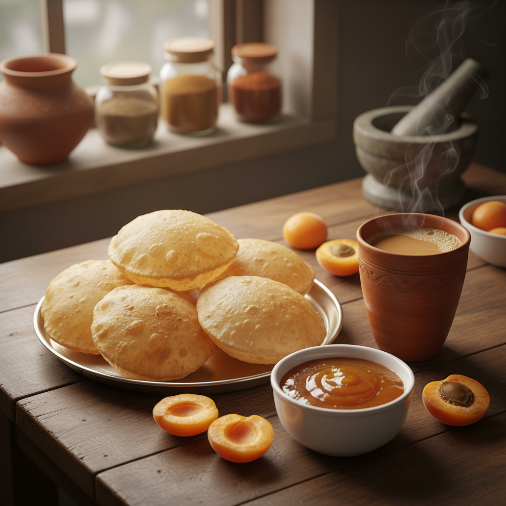 Aanandam Apricot Chutney paired with hot poori and masala chai