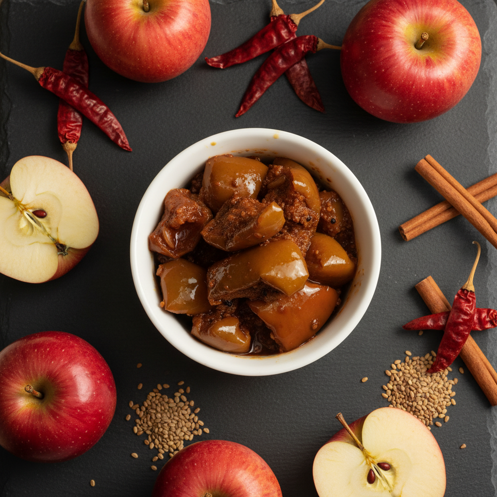 Aanandam Apple Pickle ingredients flat lay